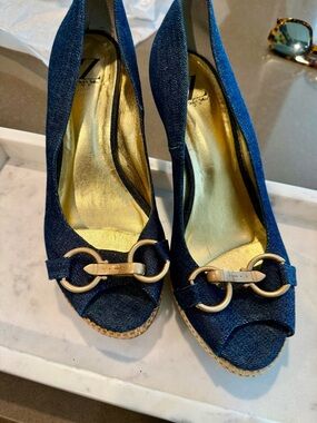 Sergio Zelcer Denim Blue Peep-Toe Wedge Heels with Gold Rings
